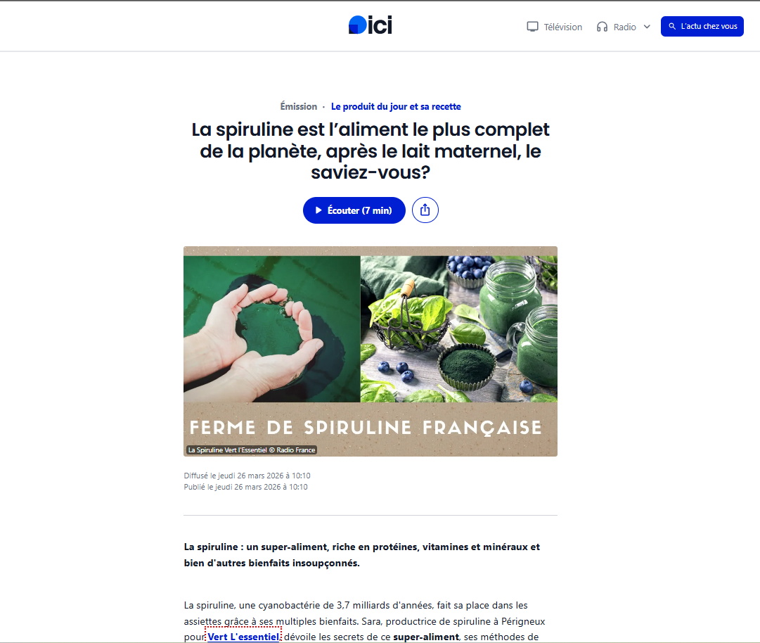 Spiruline : bienfaits et super-aliment mis en avant dans la presse (Ici St-Etienne Radio)