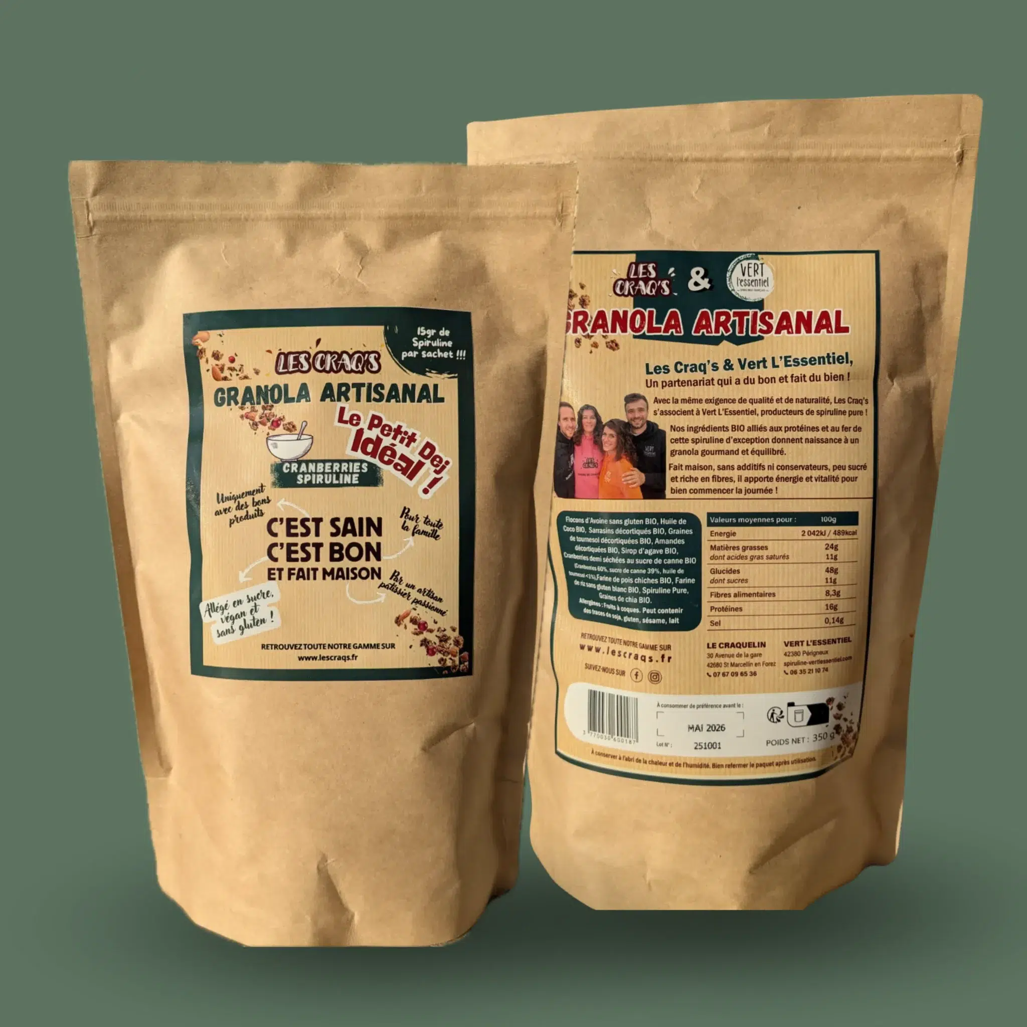 Sachet de granola artisanal BIO Les Craq’s x Vert L’Essentiel – 350 g