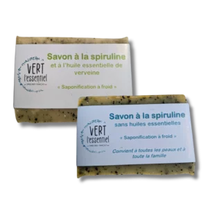 Lot de 2 savons à la spiruline : un doux sans parfum et un tonique à la verveine