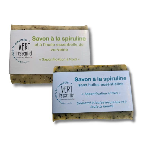 Lot de 2 savons à la spiruline : un doux sans parfum et un tonique à la verveine