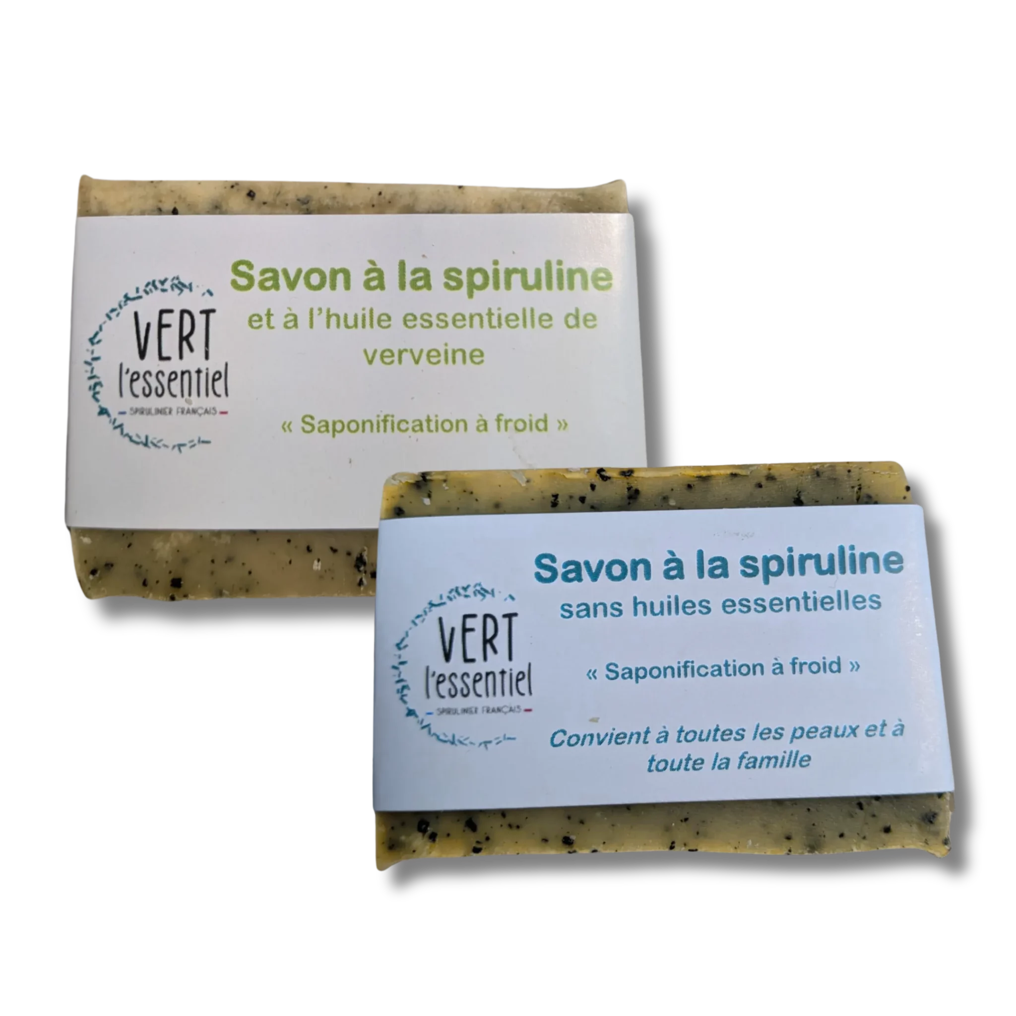 Lot de 2 savons à la spiruline : un doux sans parfum et un tonique à la verveine