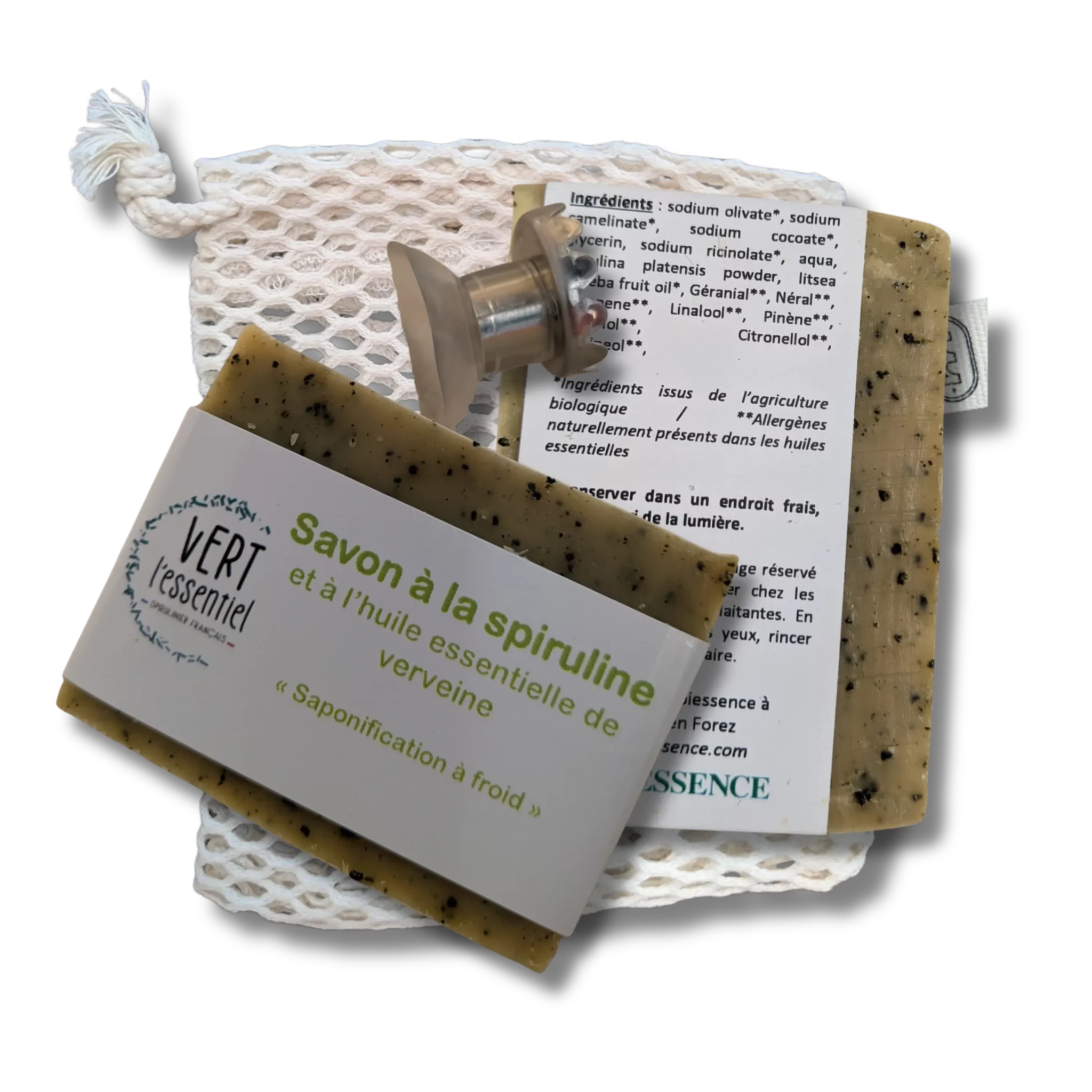 Pack-Savon-Spiruline-Verveine-citronnée_porte-savon-filet-transport_Vert-l-essentiel