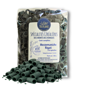 Mezze maniche rigati spiruline artisanales en vrac – pâtes fermière 500g
