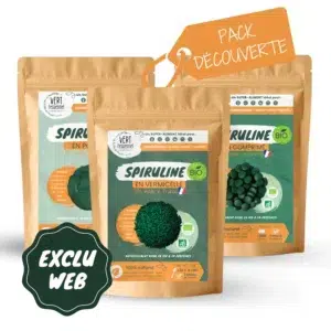 PACK DÉCOUVERTE Spiruline Bio : Vermicelle, Comprimés, Poudre. 3 sachets de 100g - EXCLU WEB